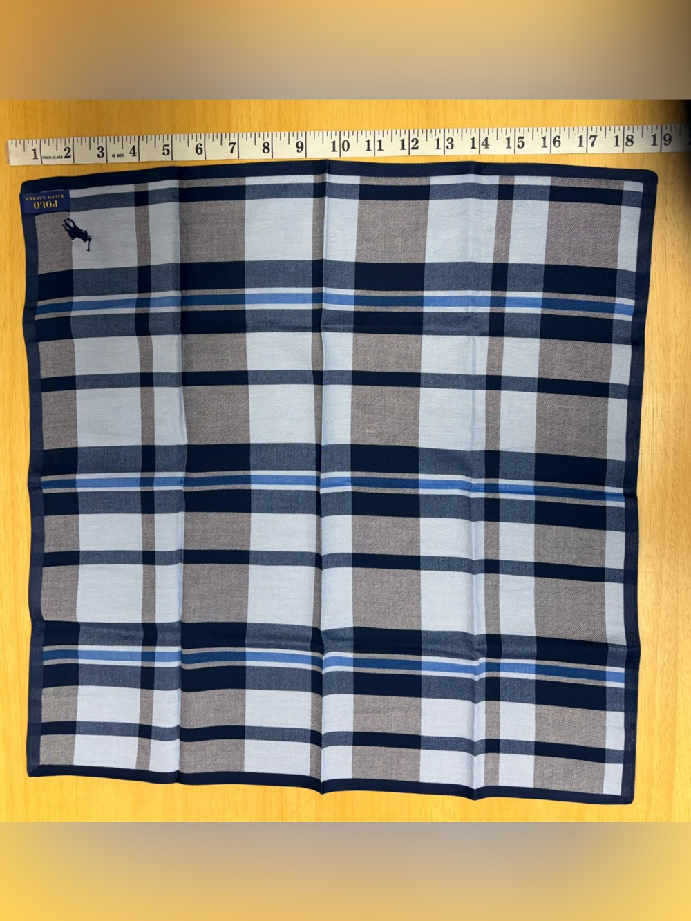 New Polo by Ralph Lauren Navy and Light Blue Plaid Pocket Square  18”